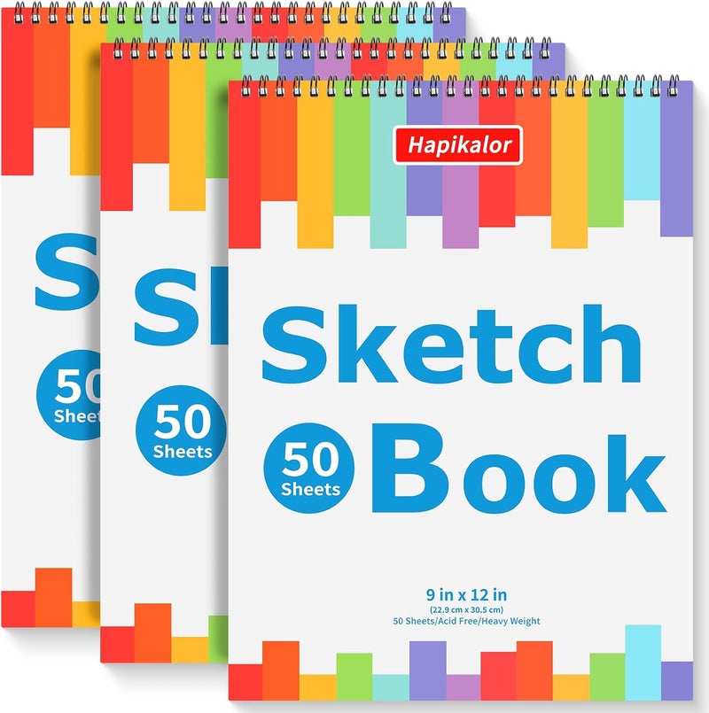 Hapikalor 3-Pack 50 Sheets 9" x 12" Sketch Book, Spiral Bound Art Sketchbook, Bulk School Supplies for Kids, Acid Free Artist Easel Drawing Paper Pad for Drawing Painting Writing Sketching - Image 1